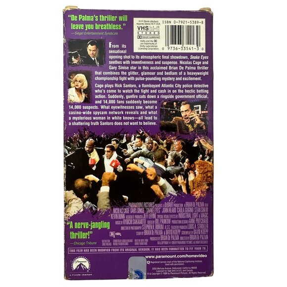 Snake Eyes VHS 1998 Thriller Starring Nicolas Cage Directed By Brian De Palma - Picture 2 of 9